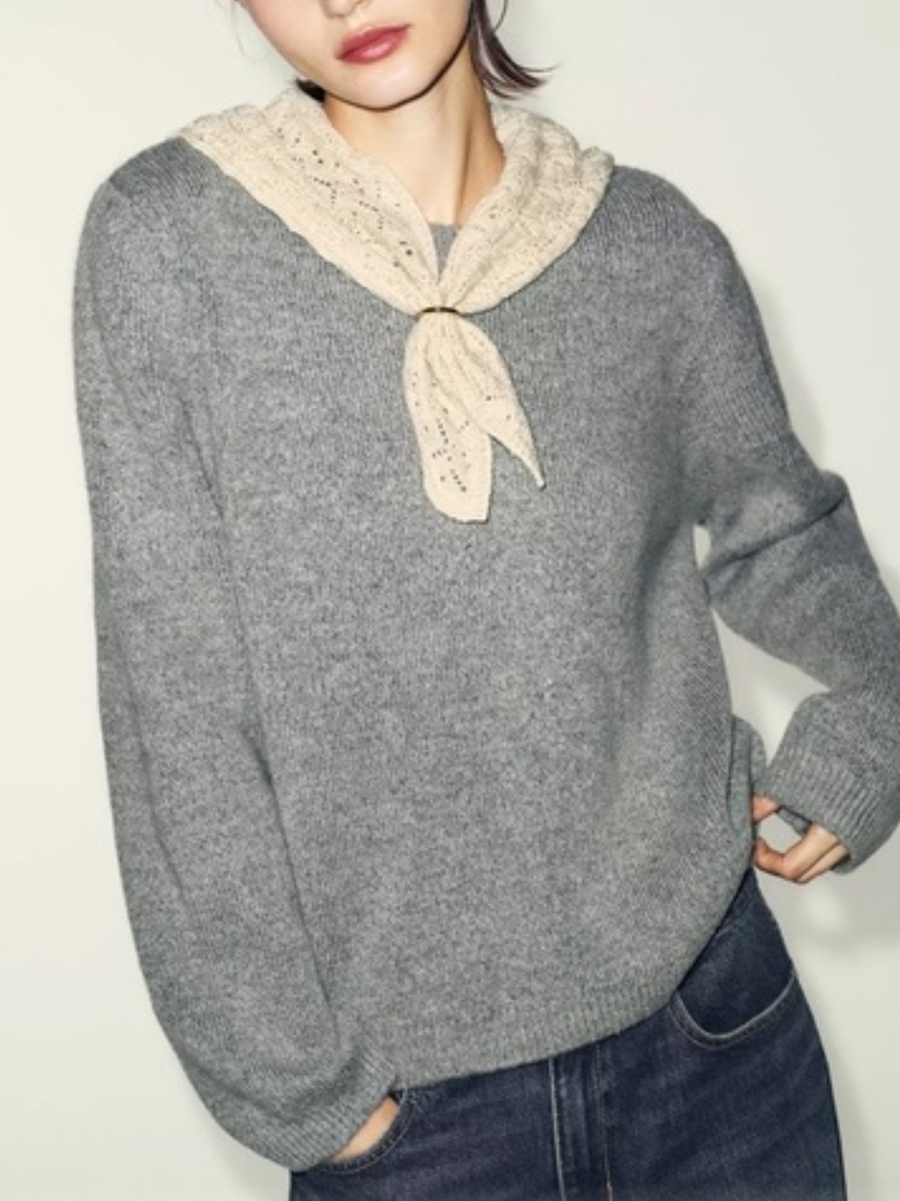 Zara Women's Gray Knit Pullover Sweater Cream Tie Collar Long Sleeve Size M